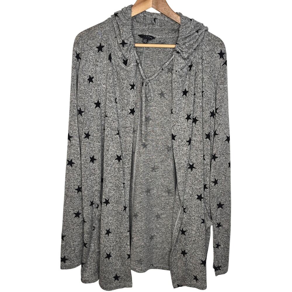 Lucky Brand Womens Size Large Open Front Hooded Wrap Cardigan‎ Gray Stars Soft